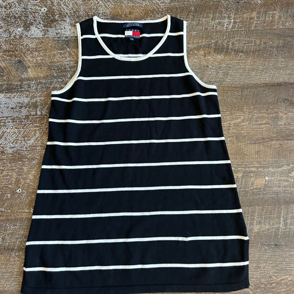 Vintage Tommy Hilfiger Black White Striped Cotton Knit Sleeveless Top Small